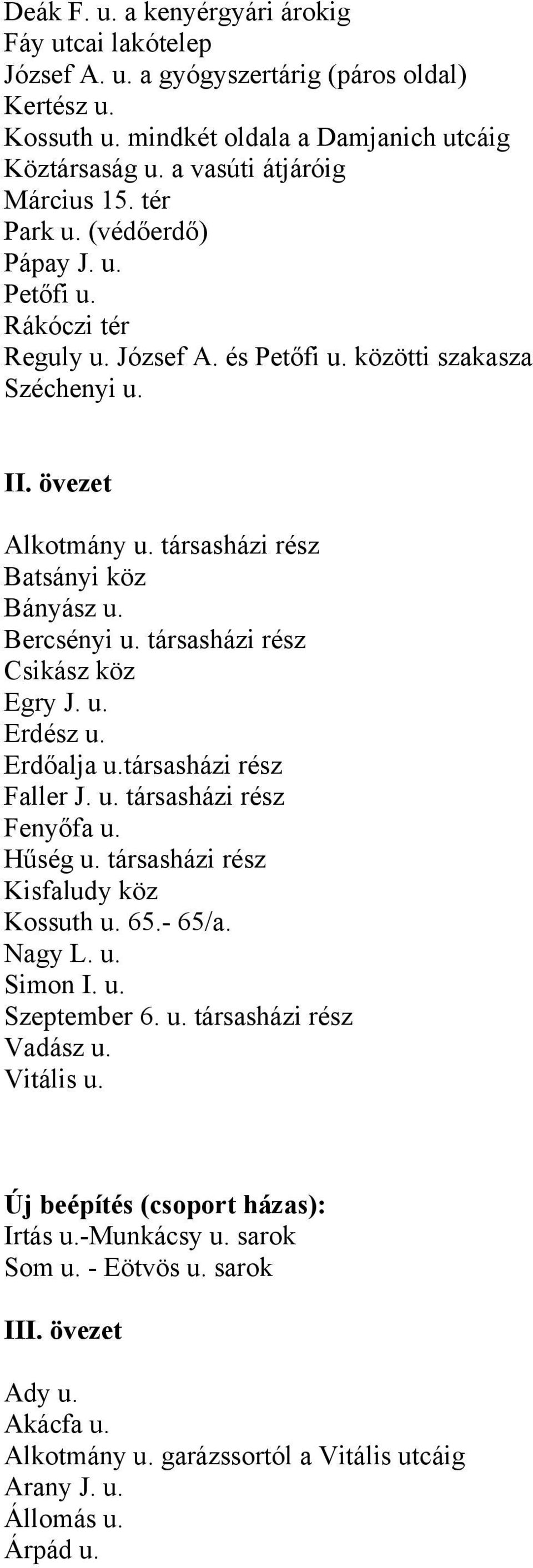 társasházi rész Csikász köz Egry J. u. Erdész u. Erdőalja u.társasházi rész Faller J. u. társasházi rész Fenyőfa u. Hűség u. társasházi rész Kisfaludy köz Kossuth u. 65.- 65/a. Nagy L. u. Simon I. u. Szeptember 6.
