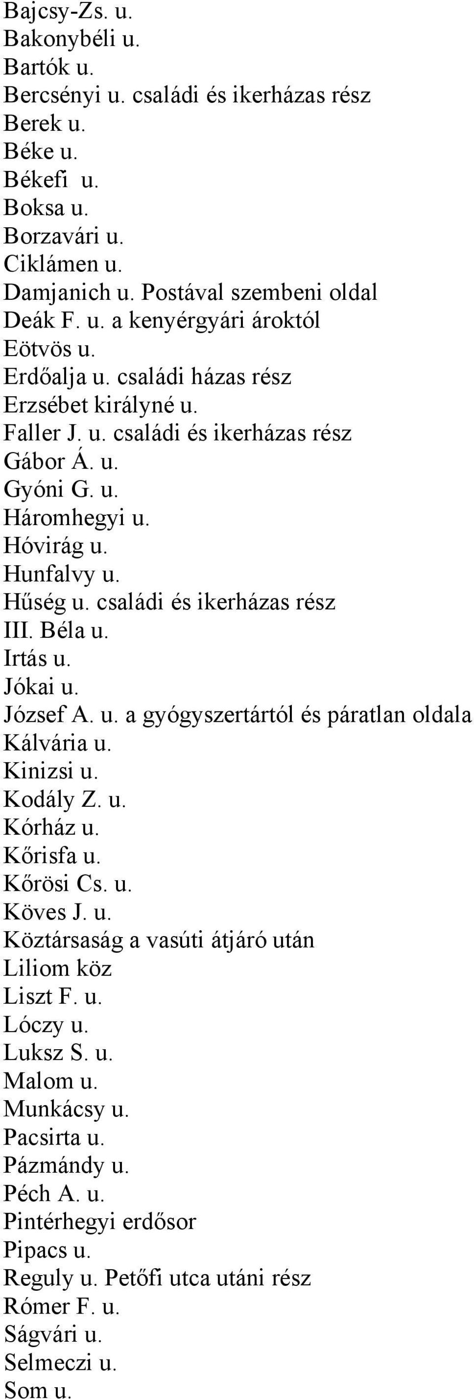 Irtás u. Jókai u. József A. u. a gyógyszertártól és páratlan oldala Kálvária u. Kinizsi u. Kodály Z. u. Kórház u. Kőrisfa u. Kőrösi Cs. u. Köves J. u. Köztársaság a vasúti átjáró után Liliom köz Liszt F.