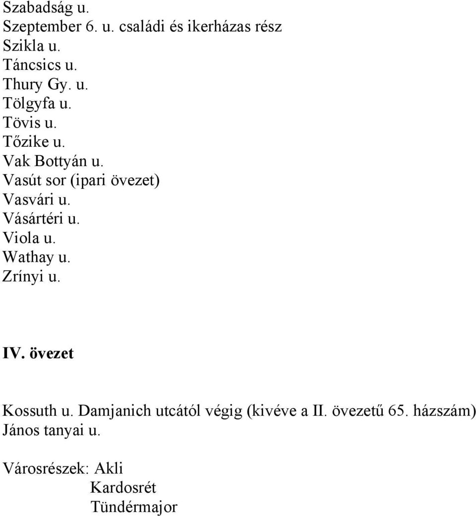 Vásártéri u. Viola u. Wathay u. Zrínyi u. IV. övezet Kossuth u.