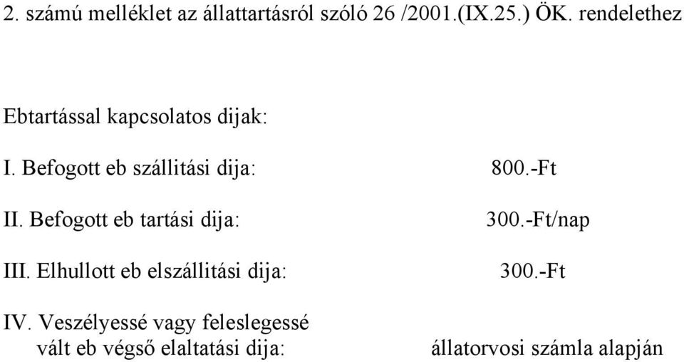 -Ft II. Befogott eb tartási dija: III. Elhullott eb elszállitási dija: IV.