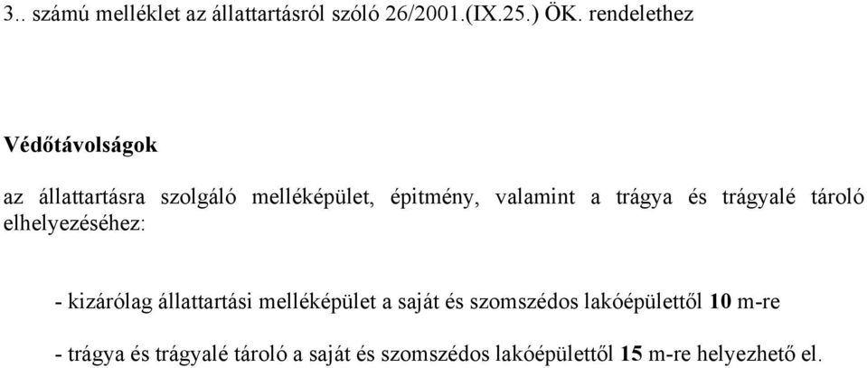 trágya és trágyalé tároló elhelyezéséhez: - kizárólag állattartási melléképület a saját és
