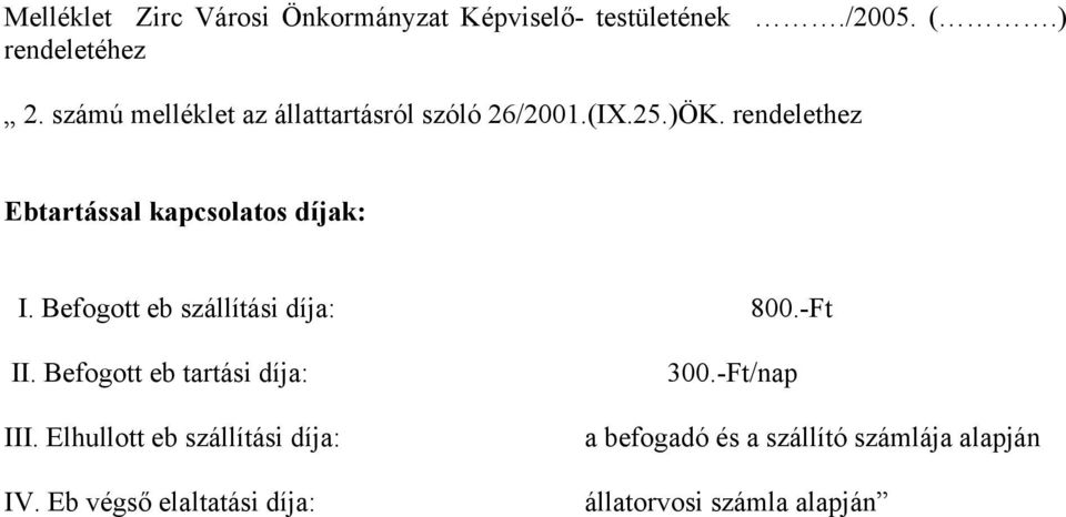 rendelethez Ebtartással kapcsolatos díjak: I. Befogott eb szállítási díja: 800.-Ft II.