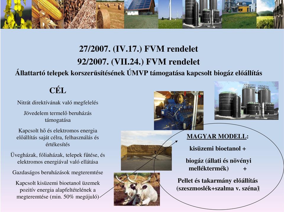 támogatása Kapcsolt hı és elektromos energia elıállítás saját célra, felhasználás és értékesítés Üvegházak, fóliaházak, telepek főtése, és elektromos energiával való