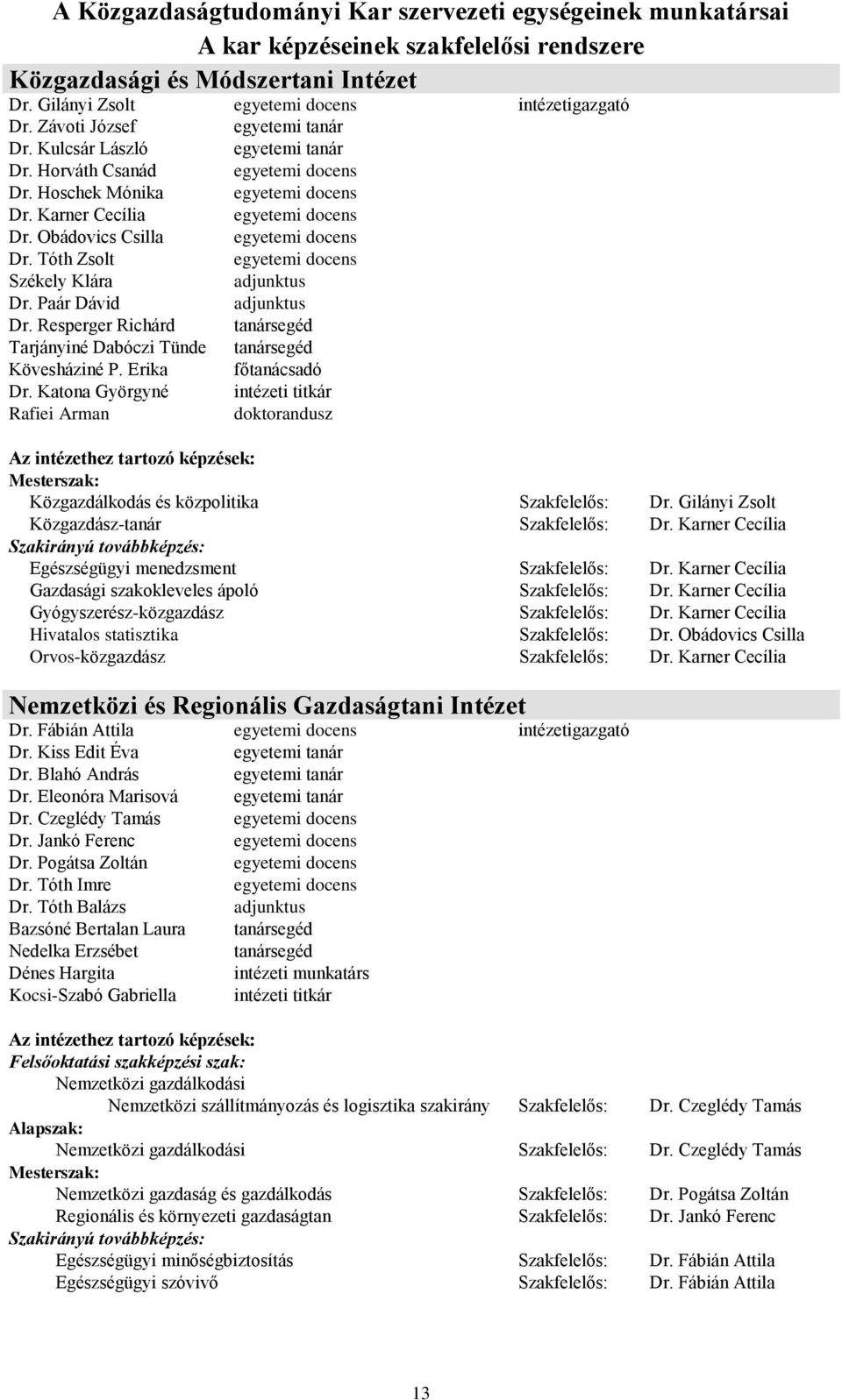 Obádovics Csilla egyetemi docens Dr. Tóth Zsolt egyetemi docens Székely Klára adjunktus Dr. Paár Dávid adjunktus Dr. Resperger Richárd tanársegéd Tarjányiné Dabóczi Tünde tanársegéd Kövesháziné P.