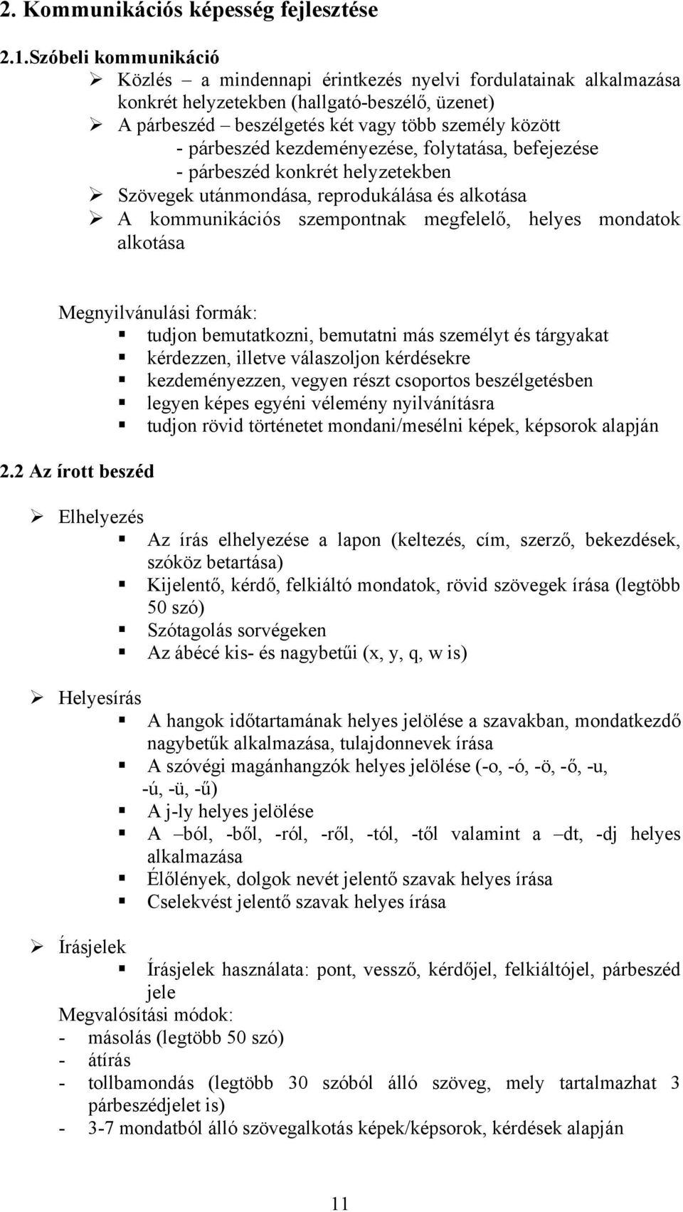 kezdeményezése, folytatása, befejezése - párbeszéd konkrét helyzetekben Szövegek utánmondása, reprodukálása és alkotása A kommunikációs szempontnak megfelelő, helyes mondatok alkotása Megnyilvánulási