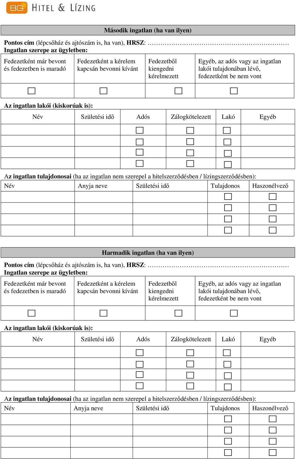 neve Születési idő Tulajdonos Haszonélvező Harmadik ingatlan (ha van ilyen) Pontos cím (lépcsőház és ajtószám is, ha van), HRSZ: Fedezetként már bevont és fedezetben is maradó Fedezetként a kérelem