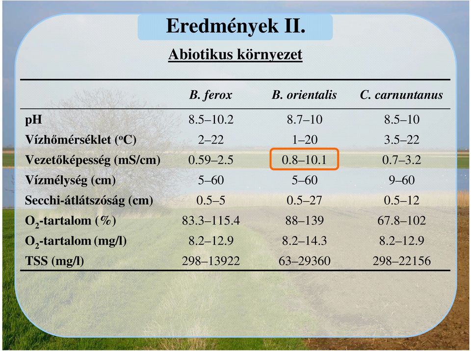2 Vízmélység (cm) 5 60 5 60 9 60 Secchi-átlátszóság (cm) 0.5 5 0.5 27 0.5 12 O 2 -tartalom (%) 83.