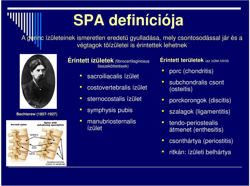 sternocostalis ízület symphysis pubis manubriosternalis ízület Érintett területek (az ízület körül) porc (chondritis) subchondralis csont