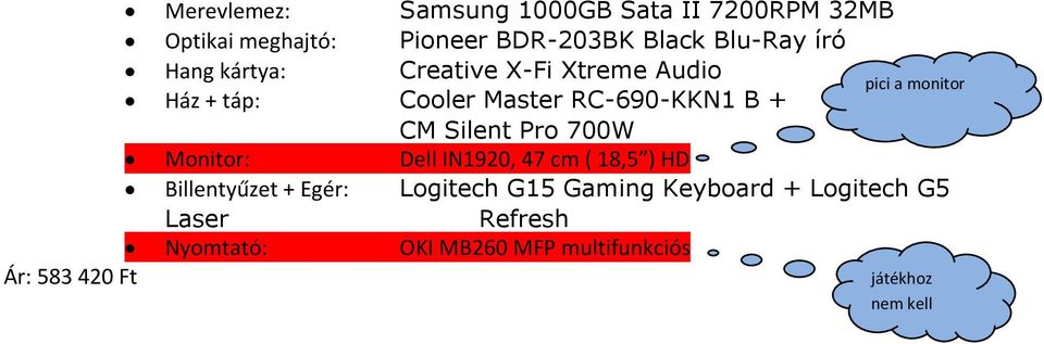 Monitor: Dell IN1920, 47 cm ( 18,5 ) HD Billentyűzet + Egér: Logitech G15 Gaming Keyboard + Logitech