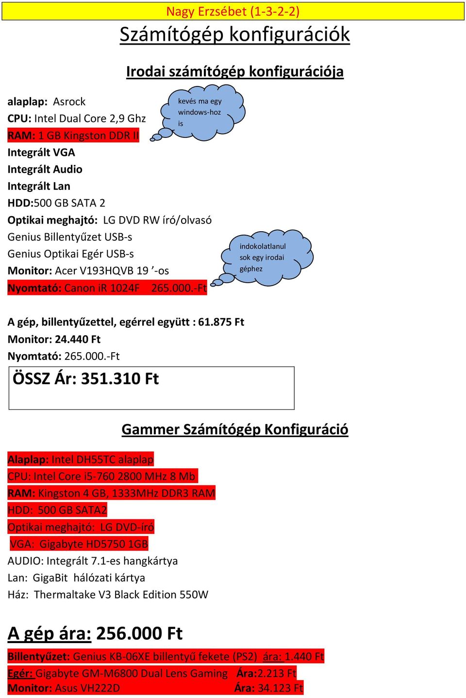 -Ft indokolatlanul sok egy irodai géphez A gép, billentyűzettel, egérrel együtt : 61.875 Ft Monitor: 24.440 Ft Nyomtató: 265.000.-Ft ÖSSZ Ár: 351.