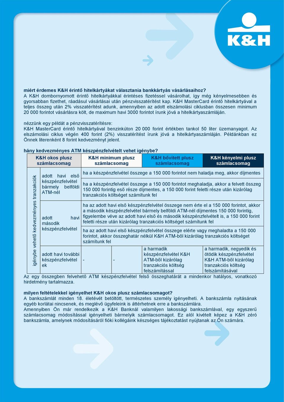 K&H MasterCard érintő hitelkártyával a teljes összeg után 2% visszatérítést adunk, amennyiben az adott elszámolási ciklusban összesen minimum 20 000 forintot vásárlásra költ, de maximum havi 3000
