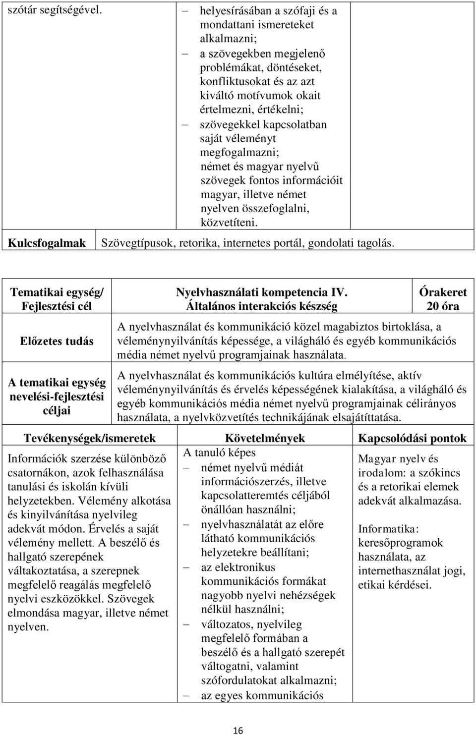 kapcsolatban saját véleményt megfogalmazni; német és magyar nyelvű szövegek fontos információit magyar, illetve német nyelven összefoglalni, közvetíteni.