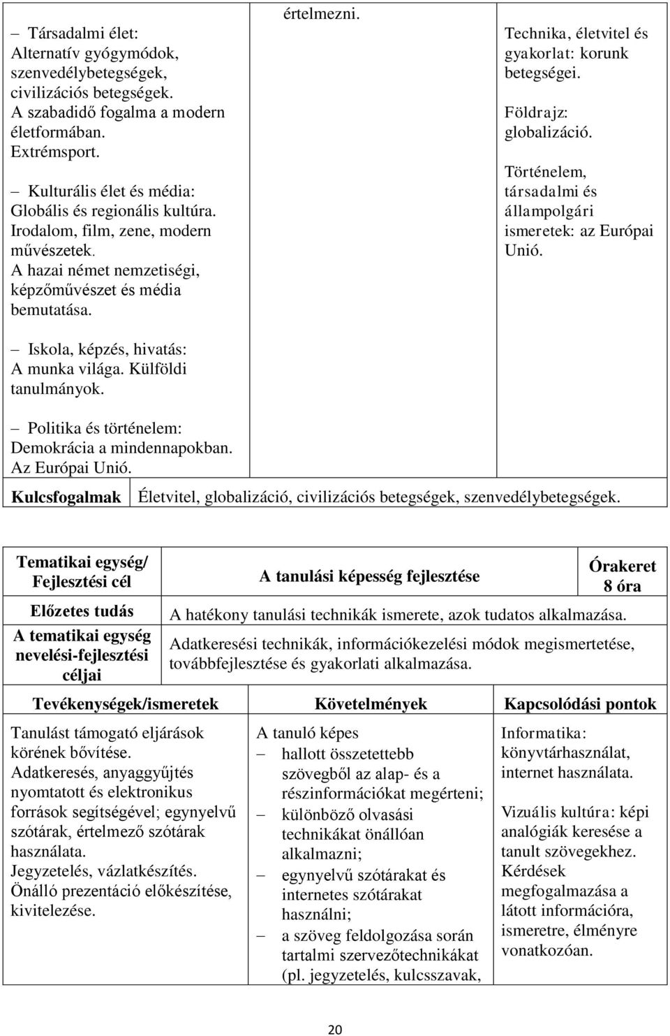 Politika és történelem: Demokrácia a mindennapokban. Az Európai Unió. értelmezni. Technika, életvitel és gyakorlat: korunk betegségei. Földrajz: globalizáció.