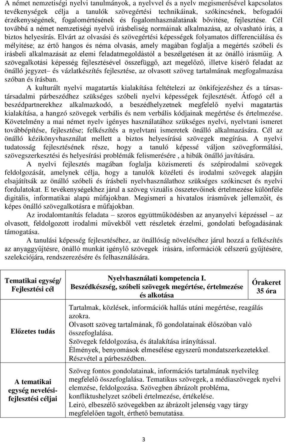 Elvárt az olvasási és szövegértési képességek folyamatos differenciálása és mélyítése; az értő hangos és néma olvasás, amely magában foglalja a megértés szóbeli és írásbeli alkalmazását az elemi