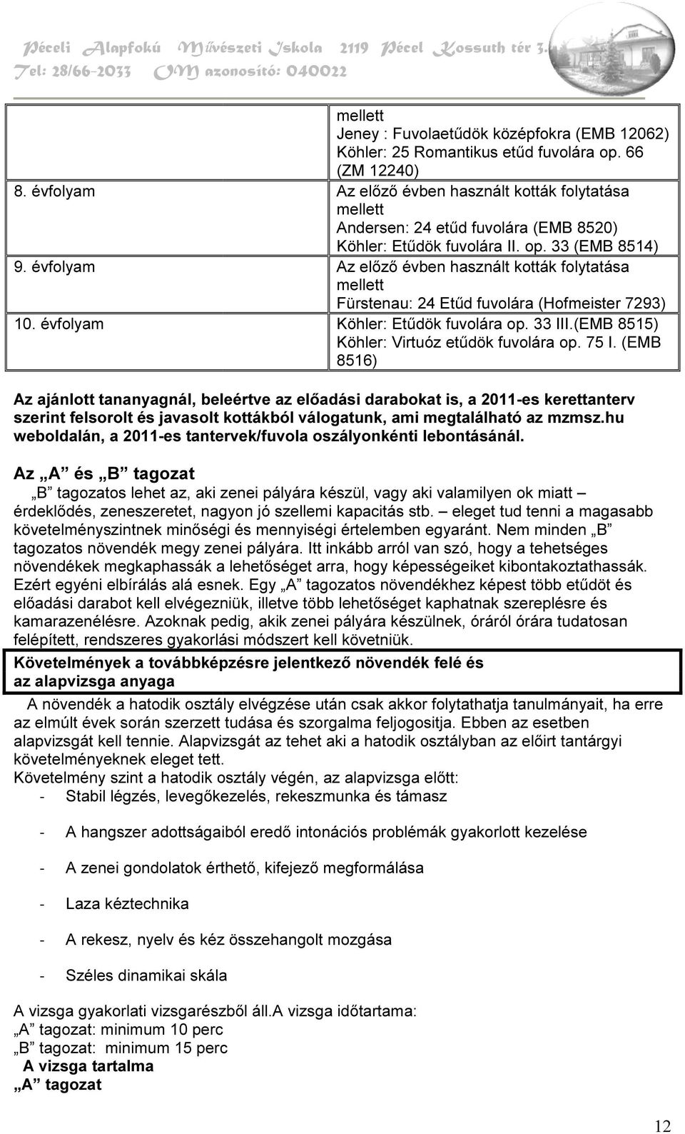 33 (EMB 8514) Az előző évben használt kották folytatása mellett Fürstenau: 24 Etűd fuvolára (Hofmeister 7293) Köhler: Etűdök fuvolára op. 33 III.(EMB 8515) Köhler: Virtuóz etűdök fuvolára op. 75 I.