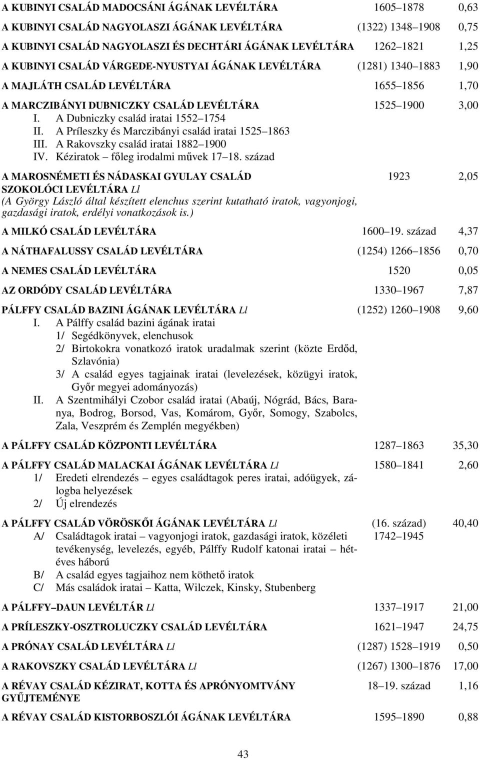 A Dubniczky család iratai 1552 1754 II. A Príleszky és Marczibányi család iratai 1525 1863 III. A Rakovszky család iratai 1882 1900 IV. Kéziratok főleg irodalmi művek 17 18.