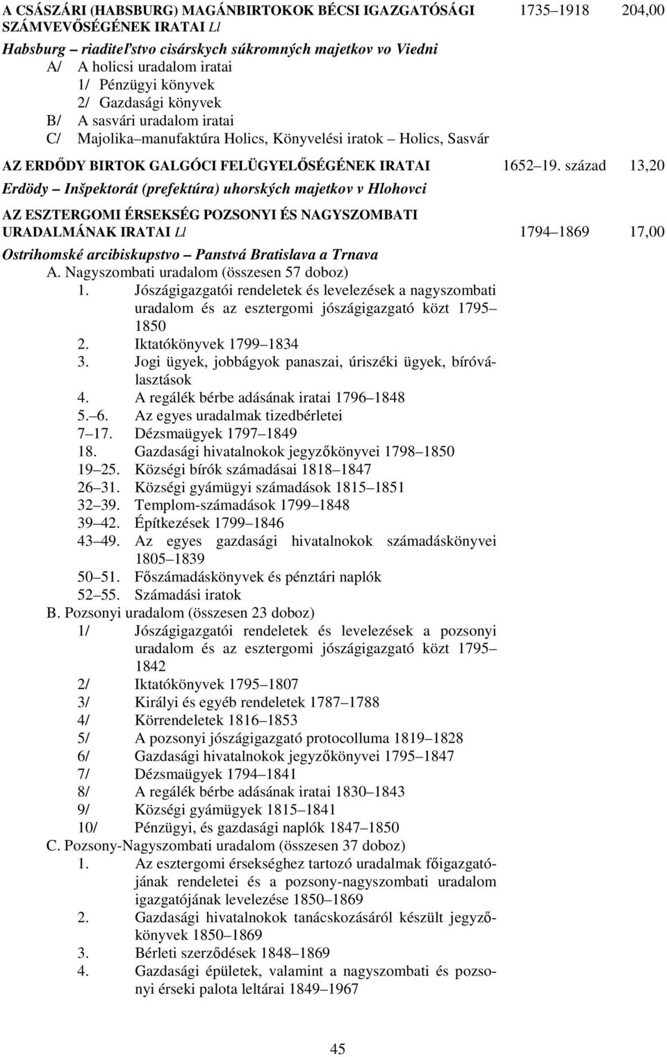 század 13,20 Erdödy Inšpektorát (prefektúra) uhorských majetkov v Hlohovci AZ ESZTERGOMI ÉRSEKSÉG POZSONYI ÉS NAGYSZOMBATI URADALMÁNAK IRATAI Ll 1794 1869 17,00 Ostrihomské arcibiskupstvo Panstvá