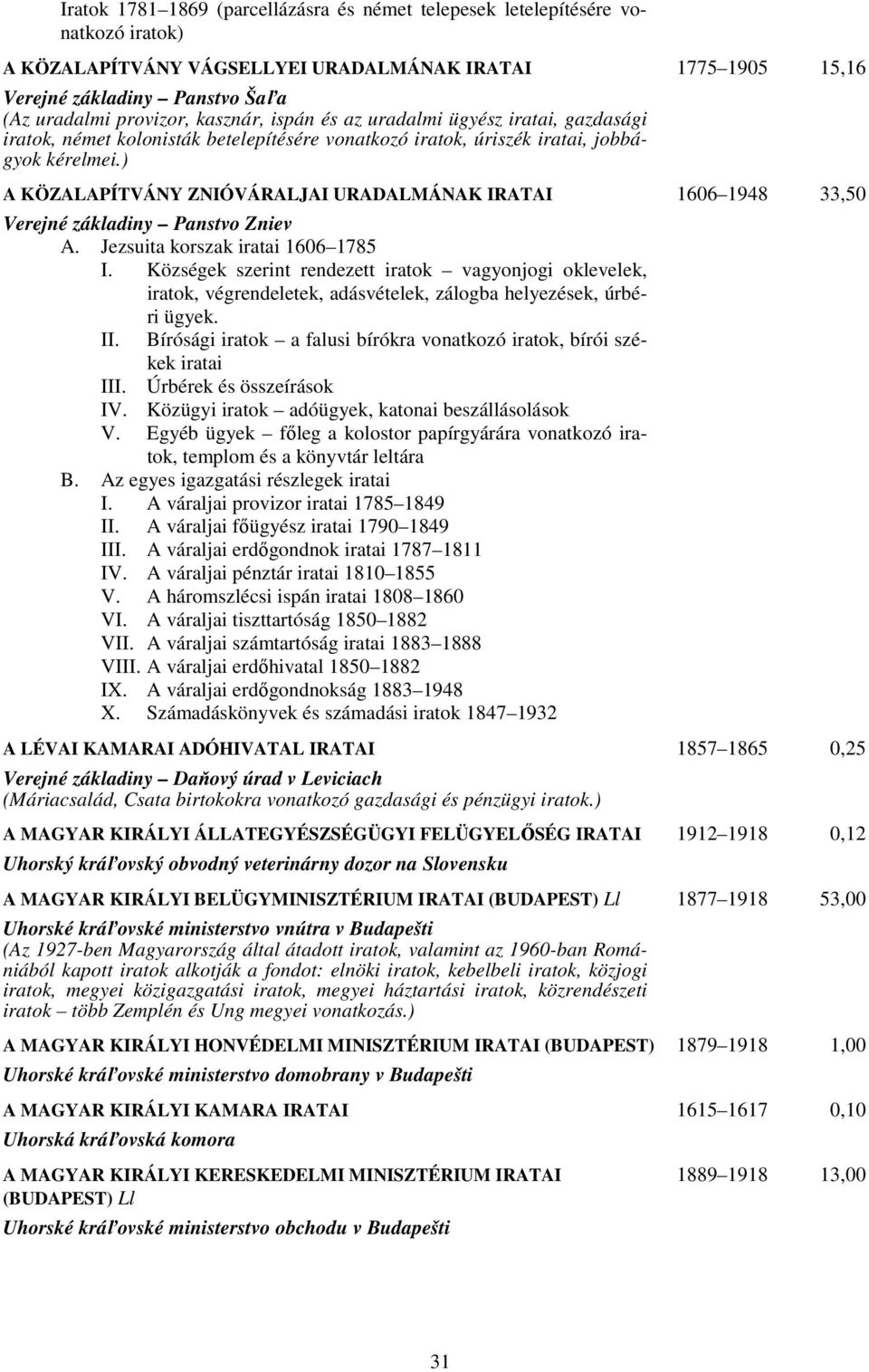 ) A KÖZALAPÍTVÁNY ZNIÓVÁRALJAI URADALMÁNAK IRATAI 1606 1948 33,50 Verejné základiny Panstvo Zniev A. Jezsuita korszak iratai 1606 1785 I.