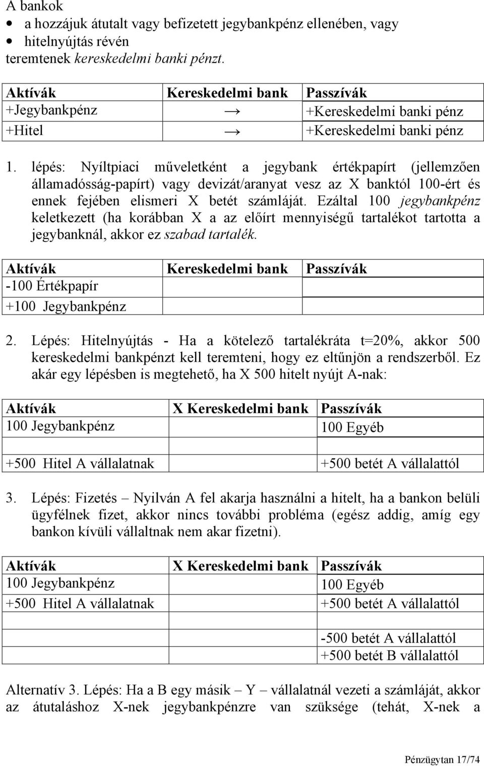 lépés: Nyíltpiaci műveletként a jegybank értékpapírt (jellemzően államadósság-papírt) vagy devizát/aranyat vesz az X banktól 100-ért és ennek fejében elismeri X betét számláját.