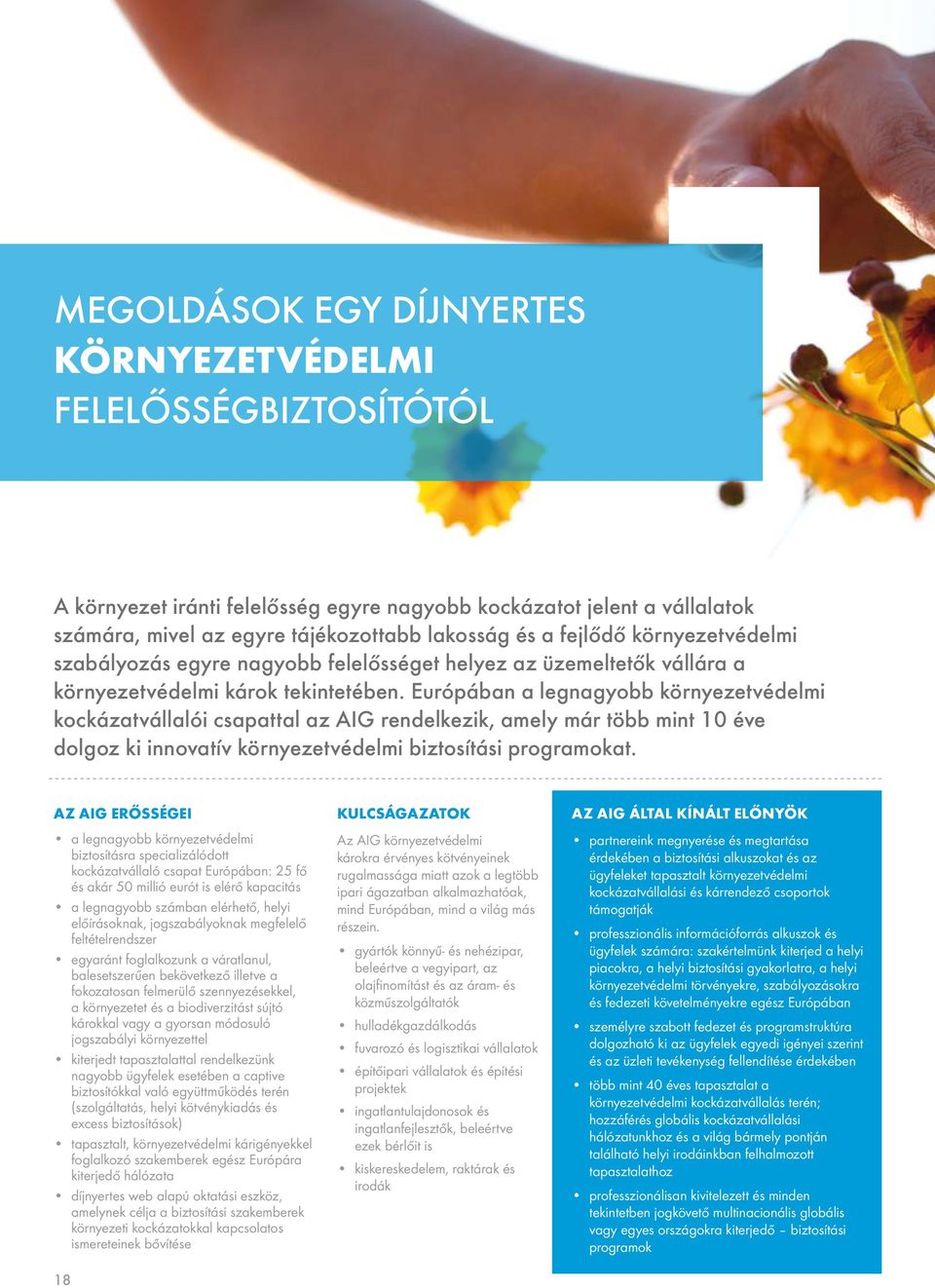 Európában a legnagyobb környezetvédelmi kockázatvállalói csapattal az AIG rendelkezik, amely már több mint 10 éve dolgoz ki innovatív környezetvédelmi biztosítási programokat.