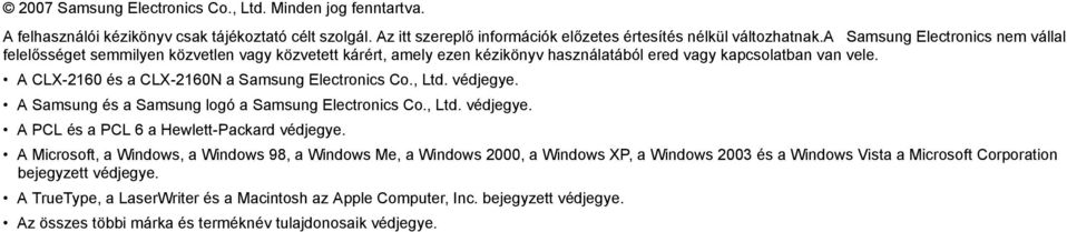 A CLX-2160 és a CLX-2160N a Samsung Electronics Co., Ltd. védjegye. A Samsung és a Samsung logó a Samsung Electronics Co., Ltd. védjegye. A PCL és a PCL 6 a Hewlett-Packard védjegye.
