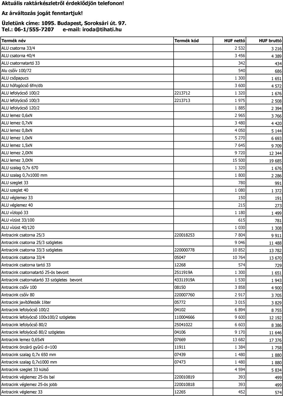 Aktuális raktárkészletről érdeklődjön telefonon! Az árváltozás jogát  fenntartjuk! - PDF Free Download