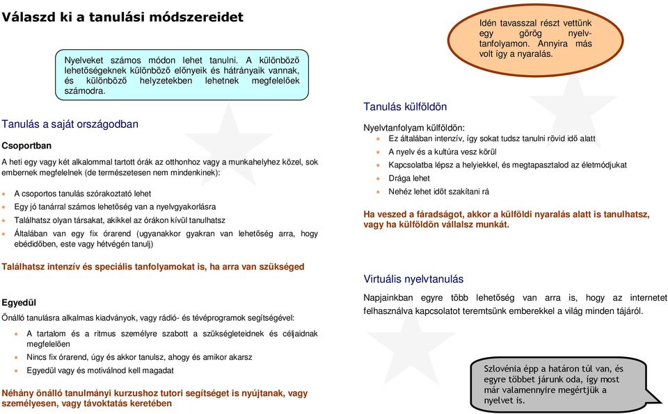 van egy fix órarend (ugyanakkor gyakran van lehetőség arra, hogy ebédidőben, este vagy hétvégén tanulj) Találhatsz intenzív és speciális tanfolyamokat is, ha arra van szükséged Egyedül Nyelveket