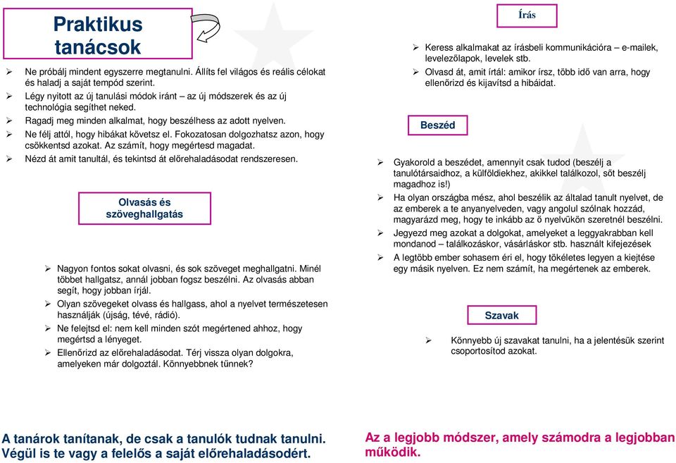 Légy nyitott az új tanulási módok iránt az új módszerek és az új technológia segíthet neked. Ragadj meg minden alkalmat, hogy beszélhess az adott nyelven. Ne félj attól, hogy hibákat követsz el.