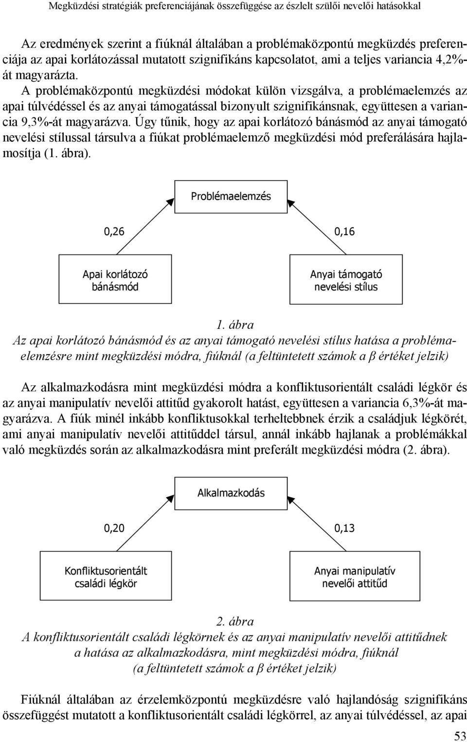 A problémaközpontú megküzdési módokat külön vizsgálva, a problémaelemzés az apai túlvédéssel és az anyai támogatással bizonyult szignifikánsnak, együttesen a variancia 9,3%-át magyarázva.