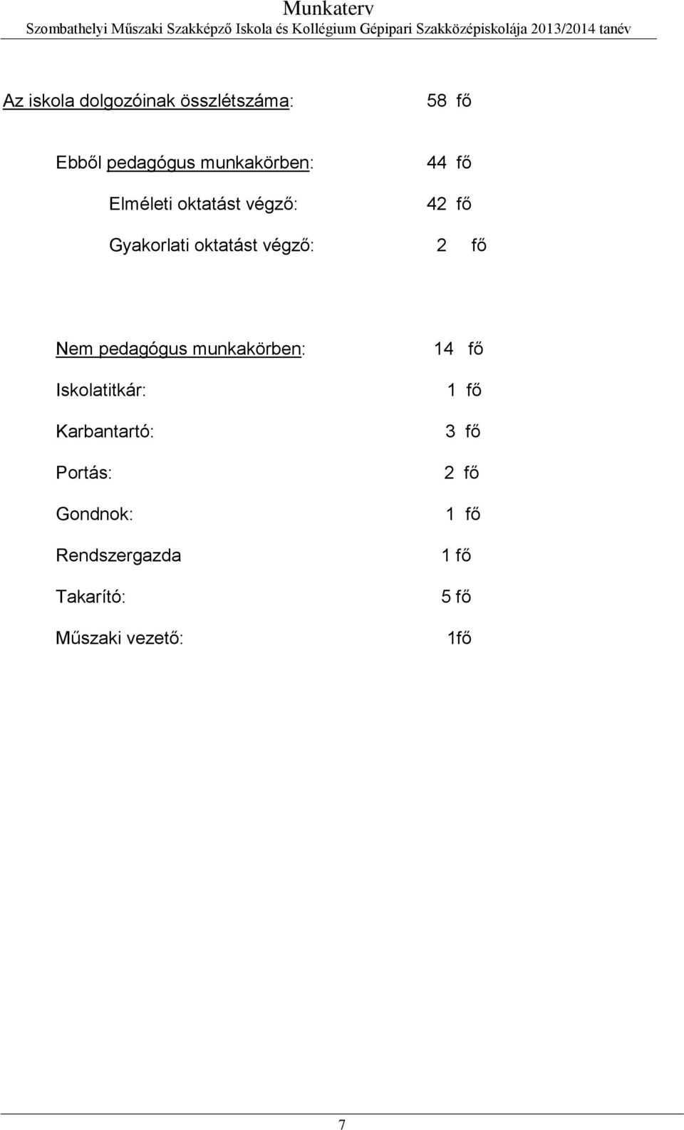 pedagógus munkakörben: Iskolatitkár: Karbantartó: Portás: Gondnok: