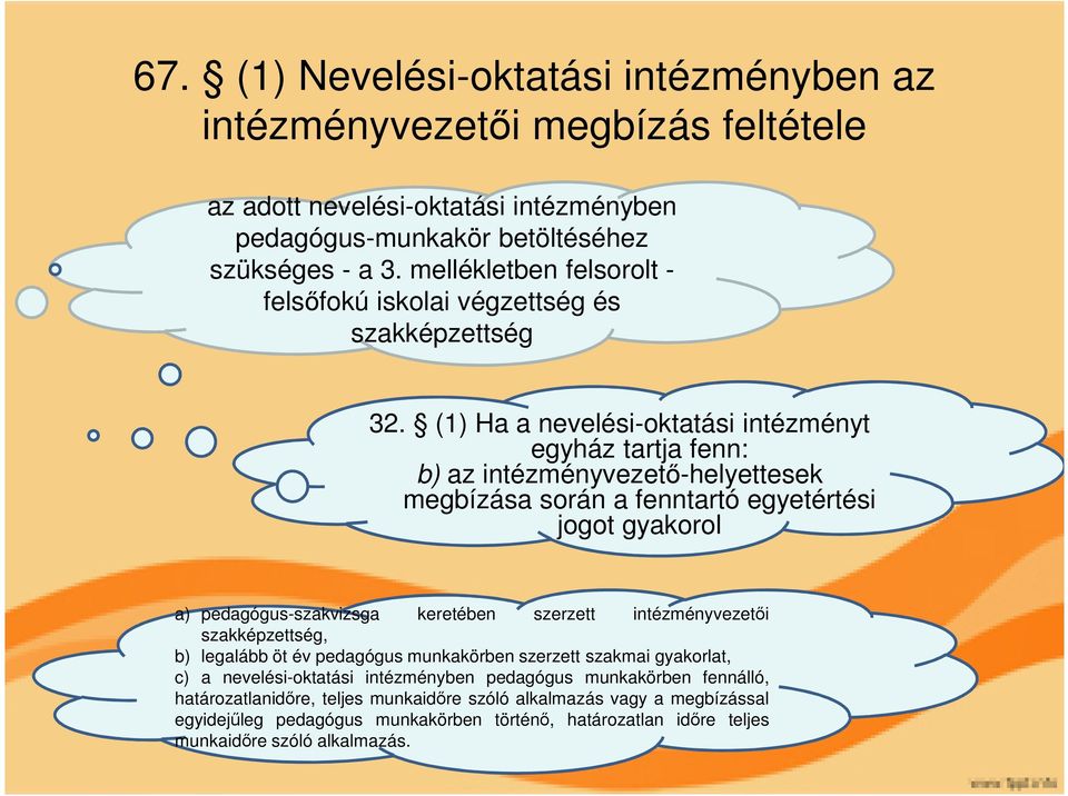 (1) Ha a nevelési-oktatási intézményt egyház tartja fenn: b) az intézményvezető-helyettesek megbízása során a fenntartó egyetértési jogot gyakorol a) pedagógus-szakvizsga keretében szerzett