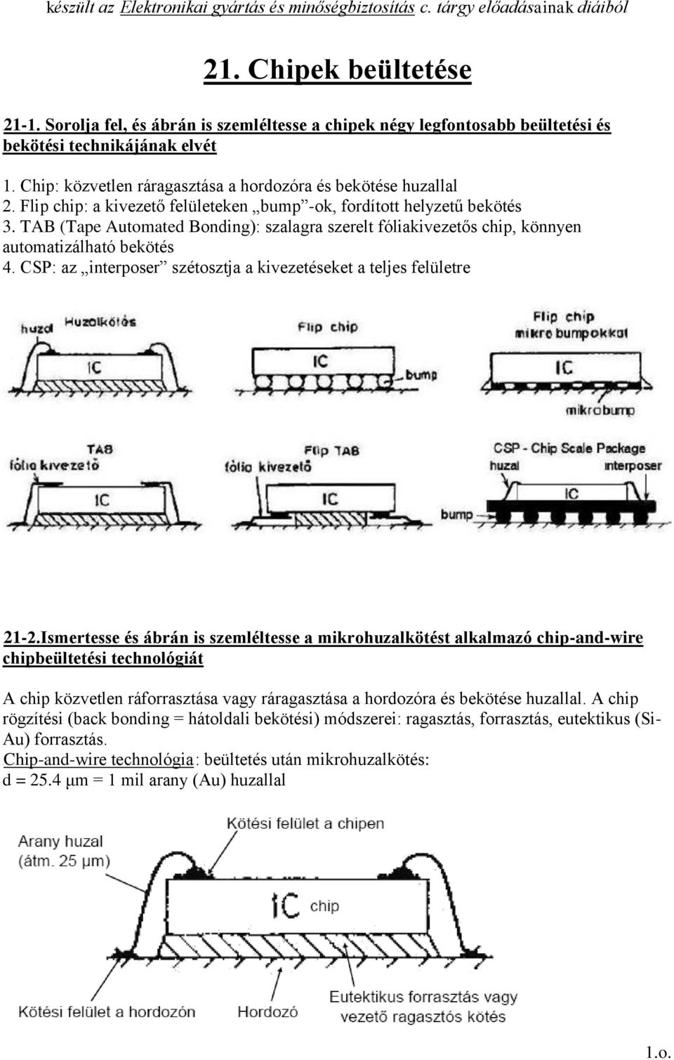 Flip chip: a kivezető felületeken bump -ok, fordított helyzetű bekötés 3. TAB (Tape Automated Bonding): szalagra szerelt fóliakivezetős chip, könnyen automatizálható bekötés 4.