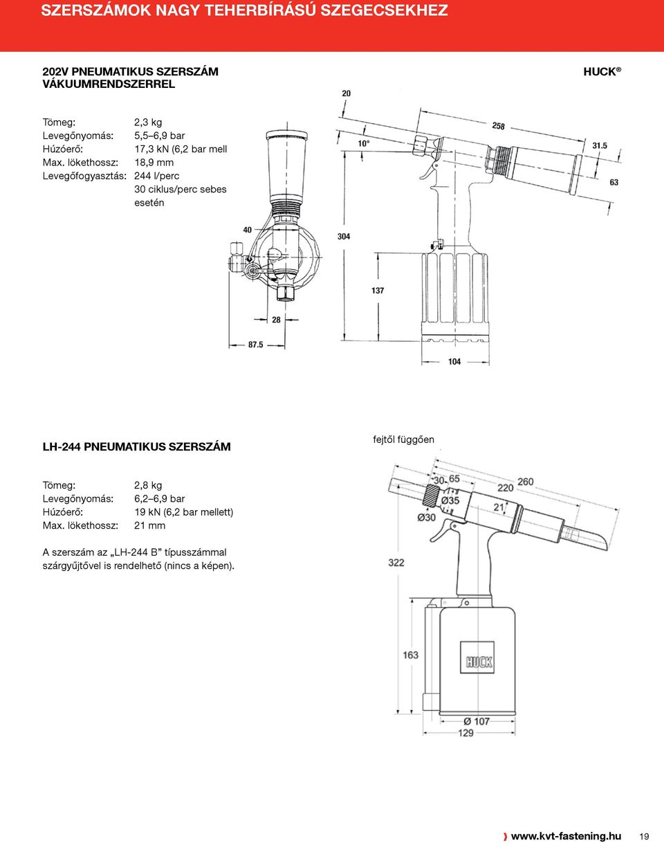 lökethossz: 18,9 mm Levegőfogyasztás: 244 l/perc 30 ciklus/perc sebesség esetén LH-244 PNEUMATIKUS SZERSZÁM fejtől