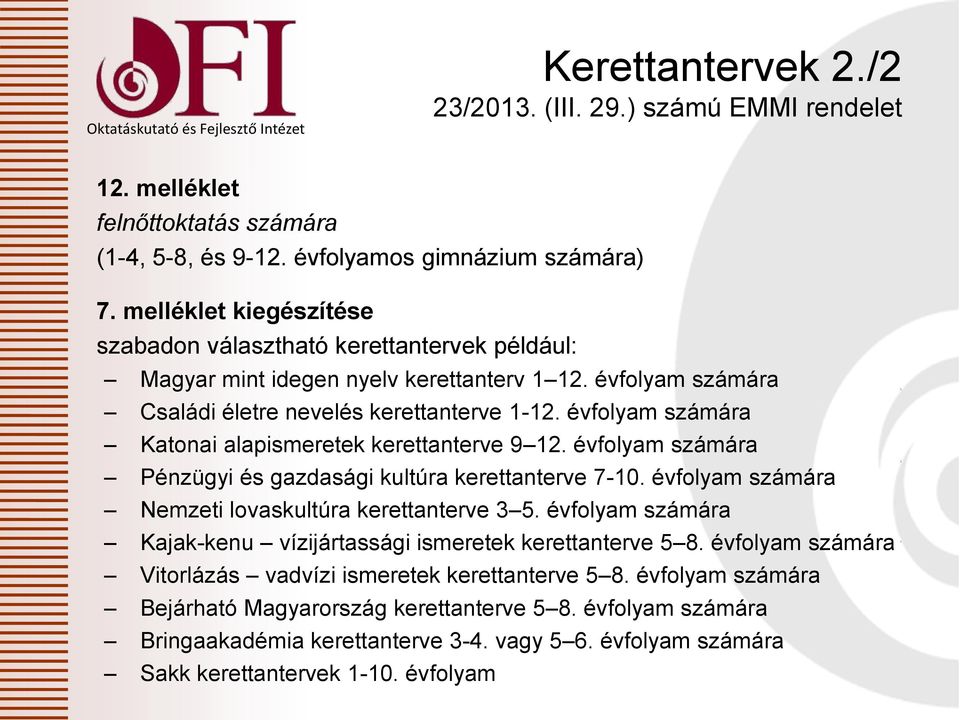 évfolyam számára Katonai alapismeretek kerettanterve 9 12. évfolyam számára Pénzügyi és gazdasági kultúra kerettanterve 7-10. évfolyam számára Nemzeti lovaskultúra kerettanterve 3 5.