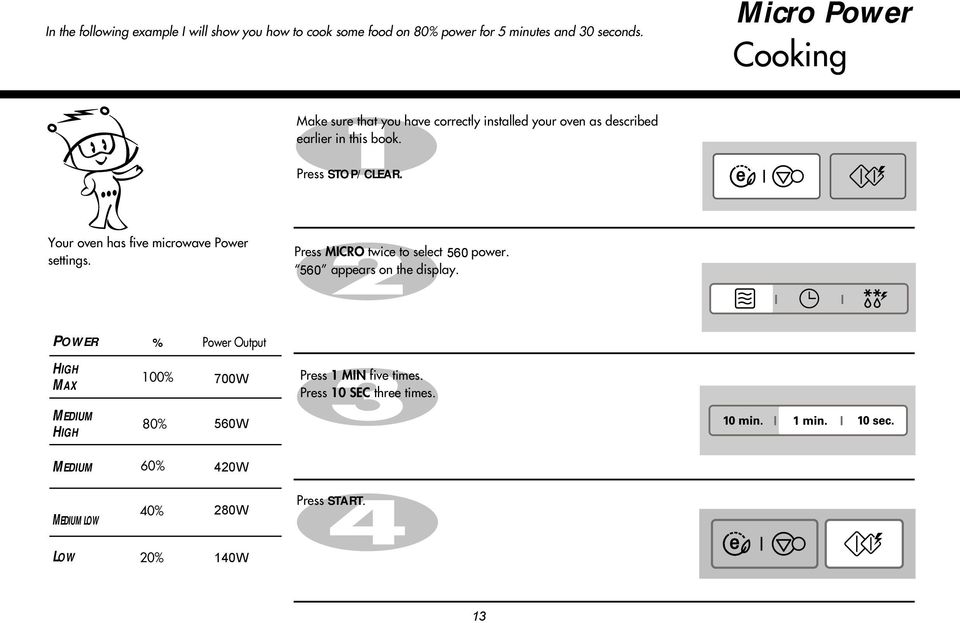 Your oven has five microwave Power settings. Press MICRO twice to select 560 power. 560 appears on the display.