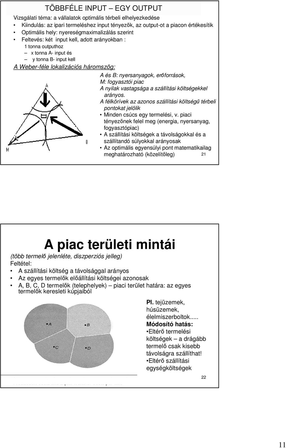 erıforrások, M: fogyasztói piac A nyilak vastagsága a szállítási költségekkel arányos. A félkörívek az azonos szállítási költségő térbeli pontokat jelölik Minden csúcs egy termelési, v.