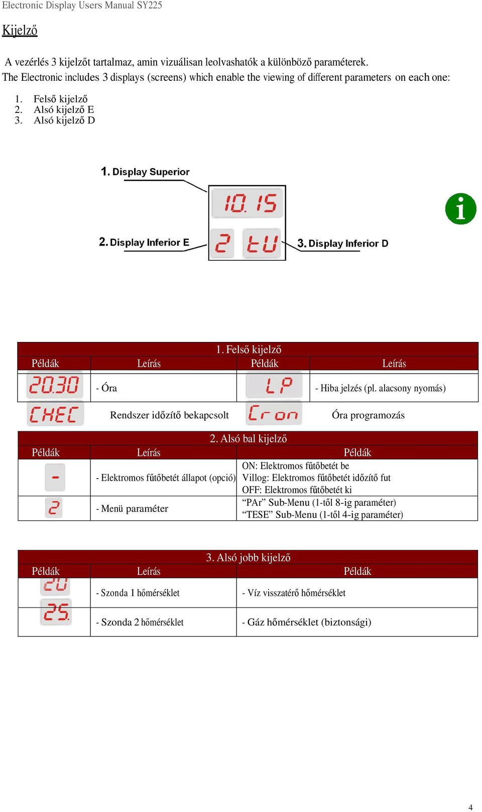 Felső kijelző Példák Leírás Példák Leírás - Óra - Hiba jelzés (pl. alacsony nyomás) Rendszer időzítő bekapcsolt Óra programozás 2.