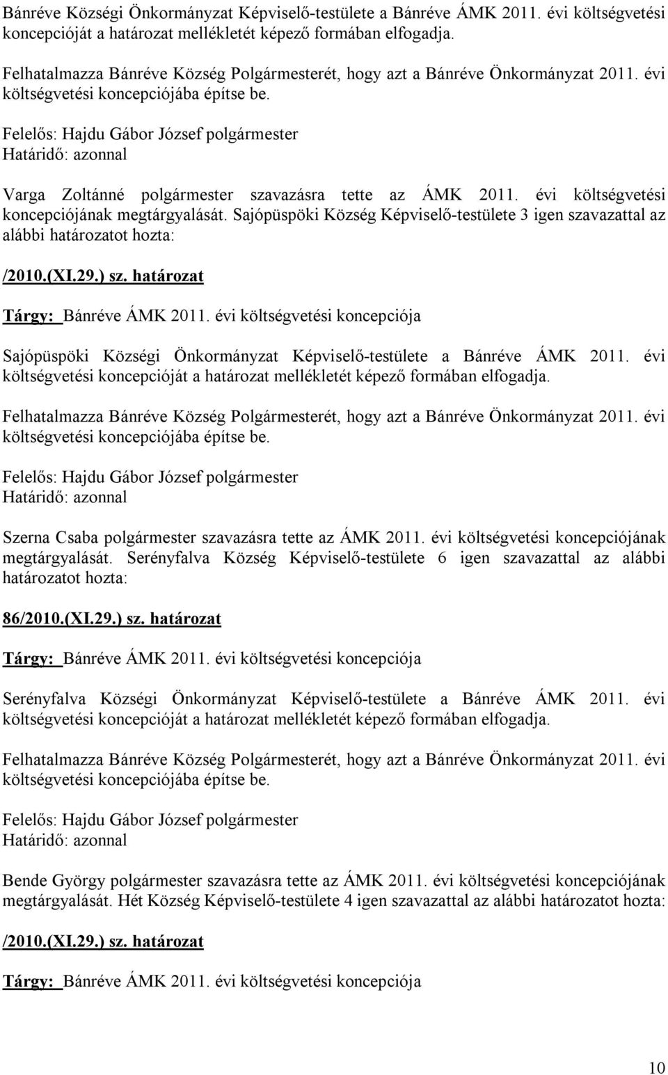 Felelős: Hajdu Gábor József polgármester Varga Zoltánné polgármester szavazásra tette az ÁMK 2011. évi költségvetési koncepciójának megtárgyalását.