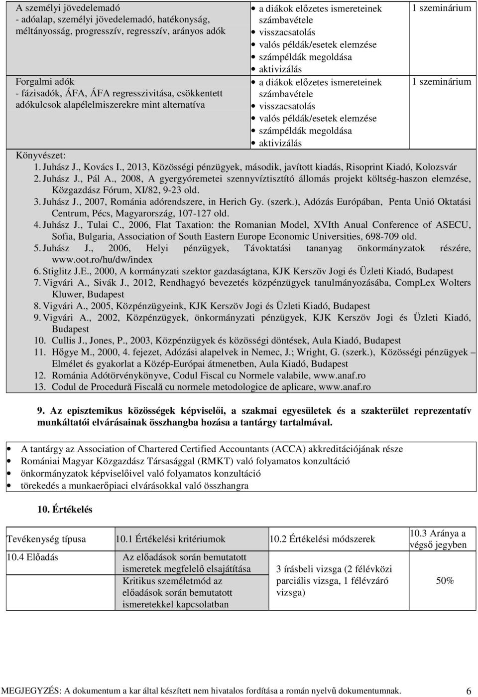 , Kovács I., 2013, Közösségi pénzügyek, második, javított kiadás, Risoprint Kiadó, Kolozsvár 2. Juhász J., Pál A.