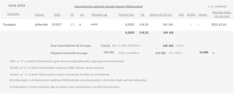 250,-Ft/AK/év = 143 163,-Ft/év Pályázati biztosíték összege: 143 163,-Ft/év, kerekítve 143 000,-Ft x 10% = 14 300 Ft AKG: az "x"-el jelölt földrészletek agrár-környezetgazdálkodási célprogrammal
