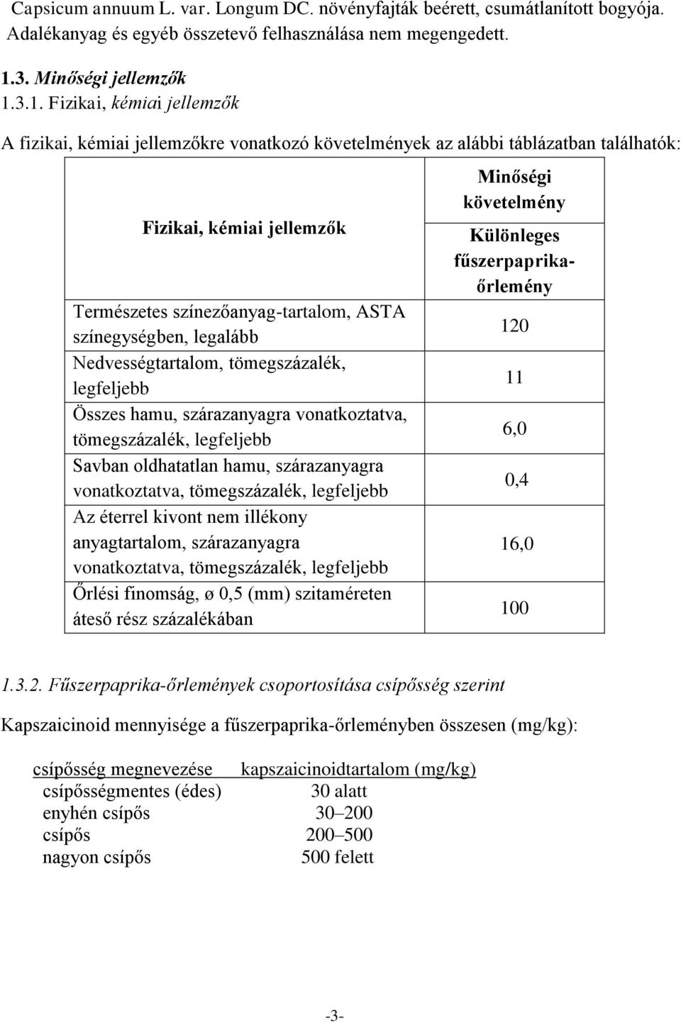 3.1. Fizikai, kémiai jellemzők A fizikai, kémiai jellemzőkre vonatkozó követelmények az alábbi táblázatban találhatók: Fizikai, kémiai jellemzők Természetes színezőanyag-tartalom, ASTA színegységben,