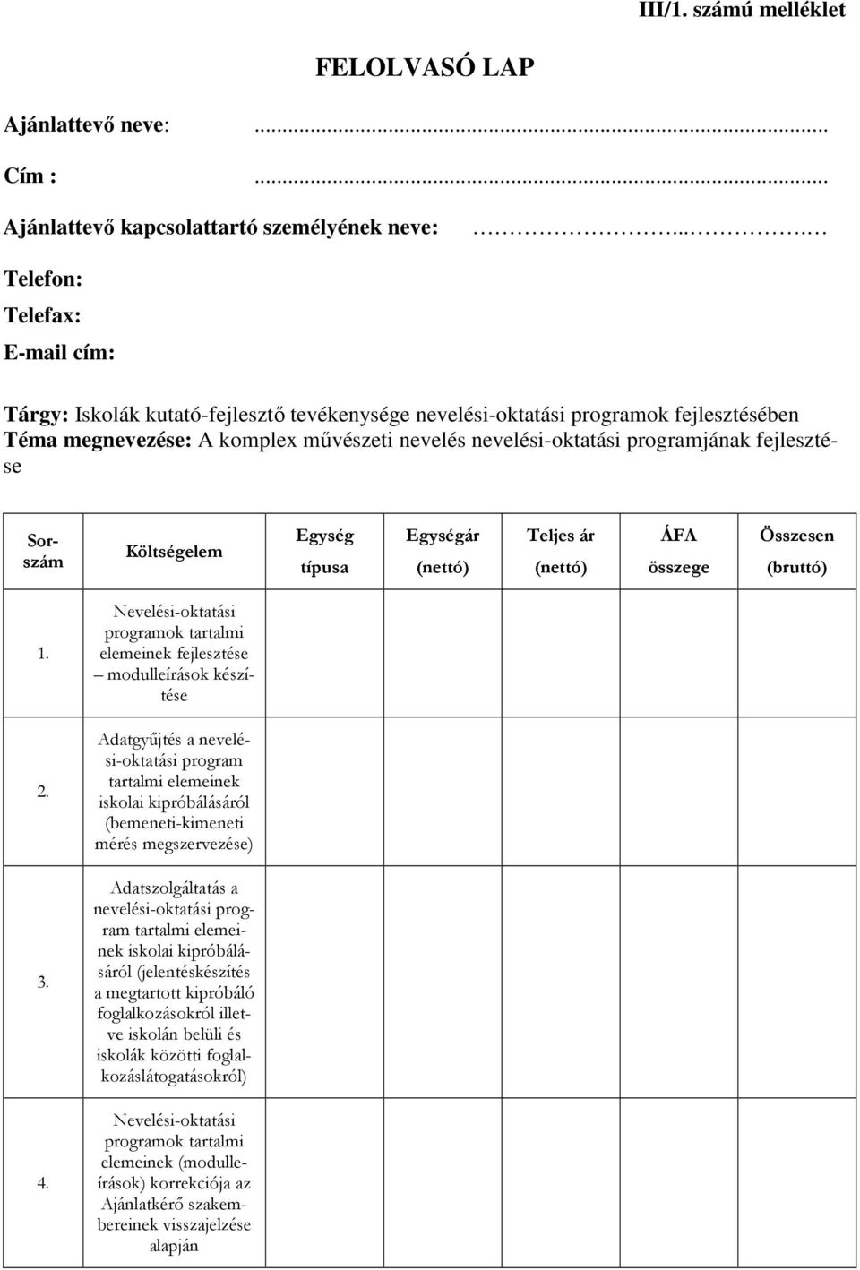 fejlesztése Sorszám Költségelem Egység típusa Egységár (nettó) Teljes ár (nettó) ÁFA összege Összesen (bruttó) 1. Nevelési-oktatási programok tartalmi elemeinek fejlesztése modulleírások készítése 2.