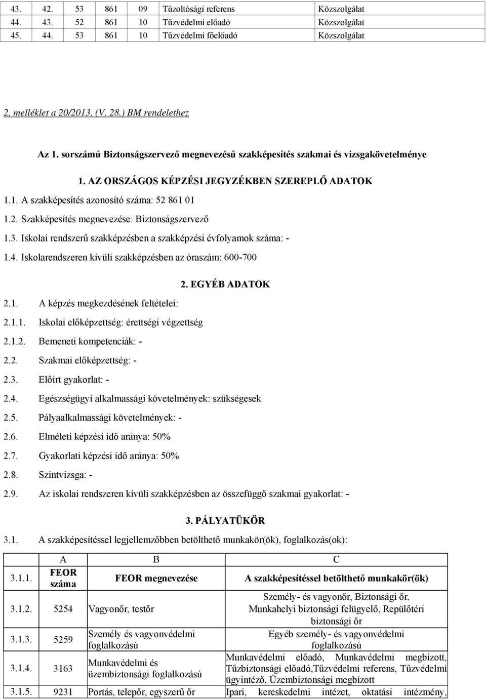 2. Szakképesítés megnevezése: Biztonságszervező 1.3. Iskolai rendszerű szakképzésben a szakképzési évfolyamok száma: - 1.4. Iskolarendszeren kívüli szakképzésben az óraszám: 600-700 2. EGYÉB DTOK 2.1. képzés megkezdésének feltételei: 2.