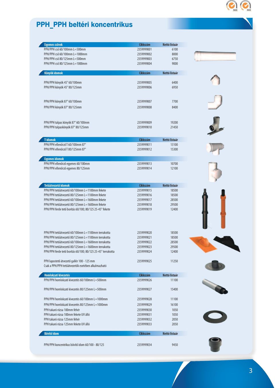 60/100mm 2359999007 7700 PPH/PPH könyök 87 80/125mm 2359999008 8400 PPH/PPH talpas könyök 87 60/100mm 2359999009 19200 PPH/PPH talpaskönyök 87 80/125mm 2359999010 21450 T-idomok Cikkszám Nettó