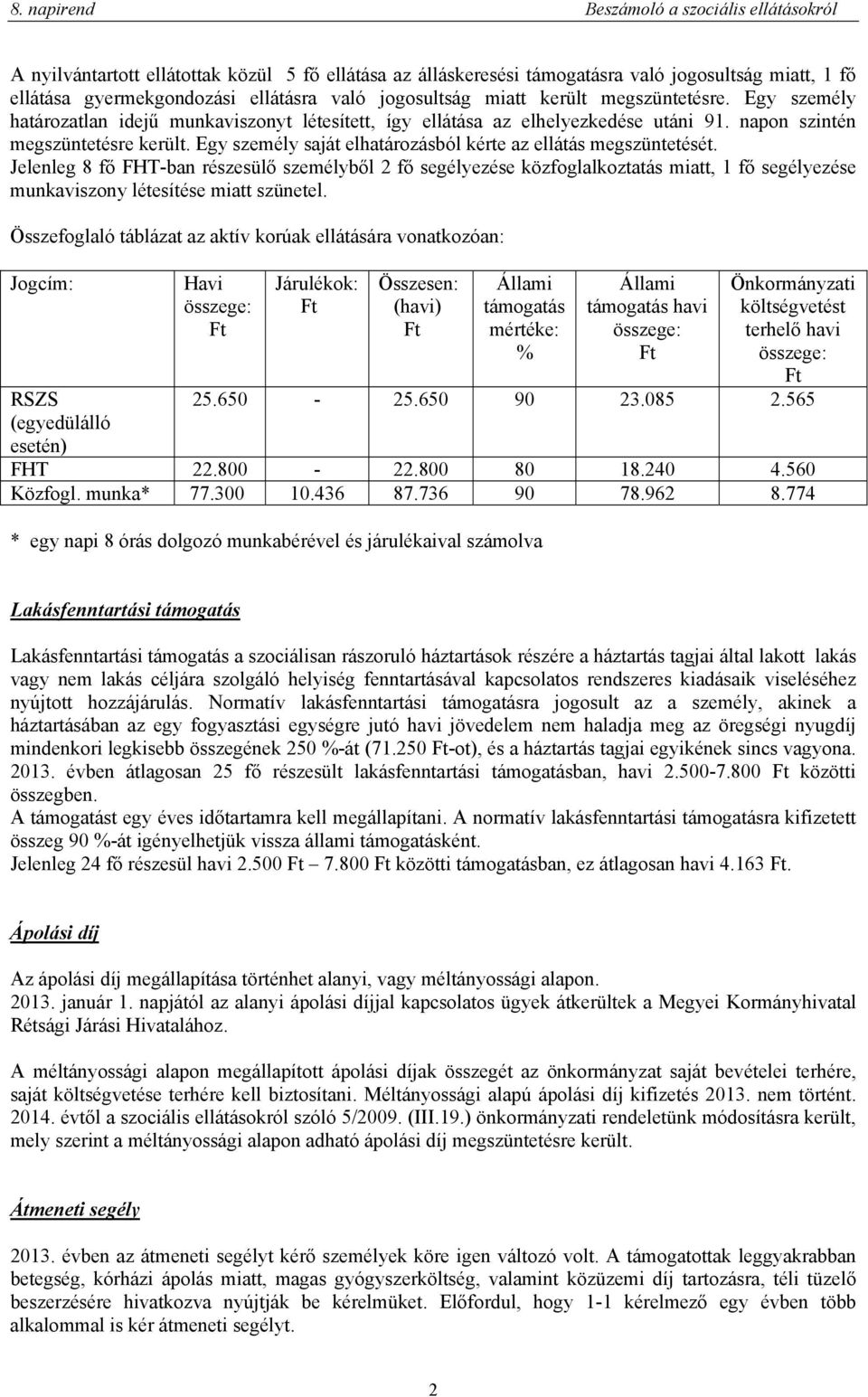 Jelenleg 8 fő FHT-ban részesülő személyből 2 fő segélyezése közfoglalkoztatás miatt, 1 fő segélyezése munkaviszony létesítése miatt szünetel.