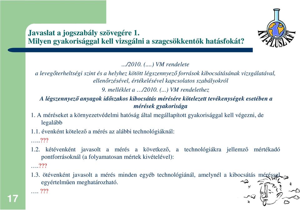 ..) VM rendelethez A légszennyezı anyagok idıszakos kibocsátás mérésére kötelezett tevékenységek esetében a mérések gyakorisága 1.