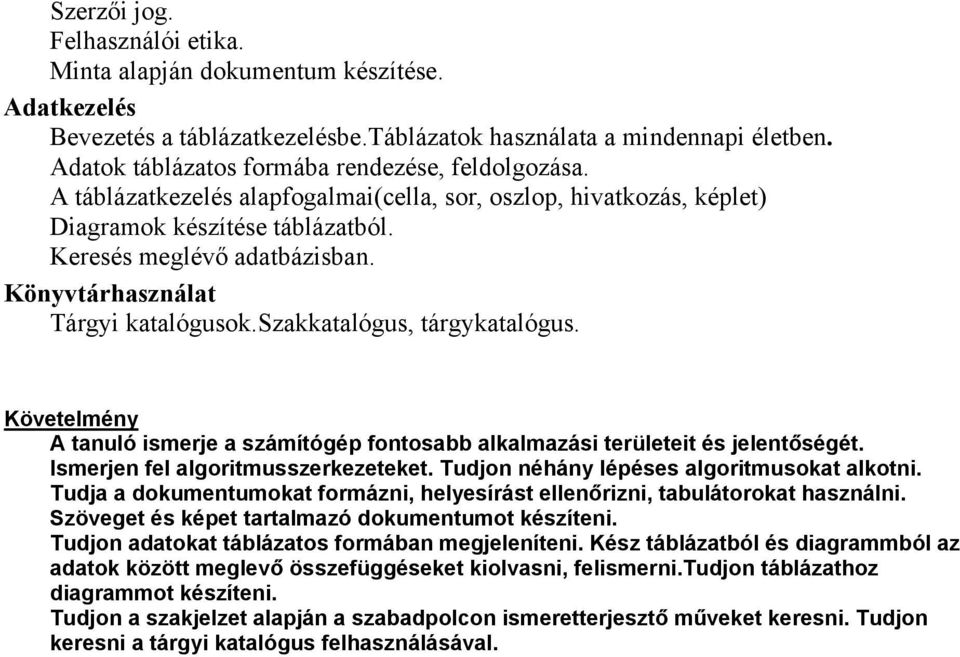 Könyvtárhasználat Tárgyi katalógusok.szakkatalógus, tárgykatalógus. Követelmény A tanuló ismerje a számítógép fontosabb alkalmazási területeit és jelentőségét. Ismerjen fel algoritmusszerkezeteket.