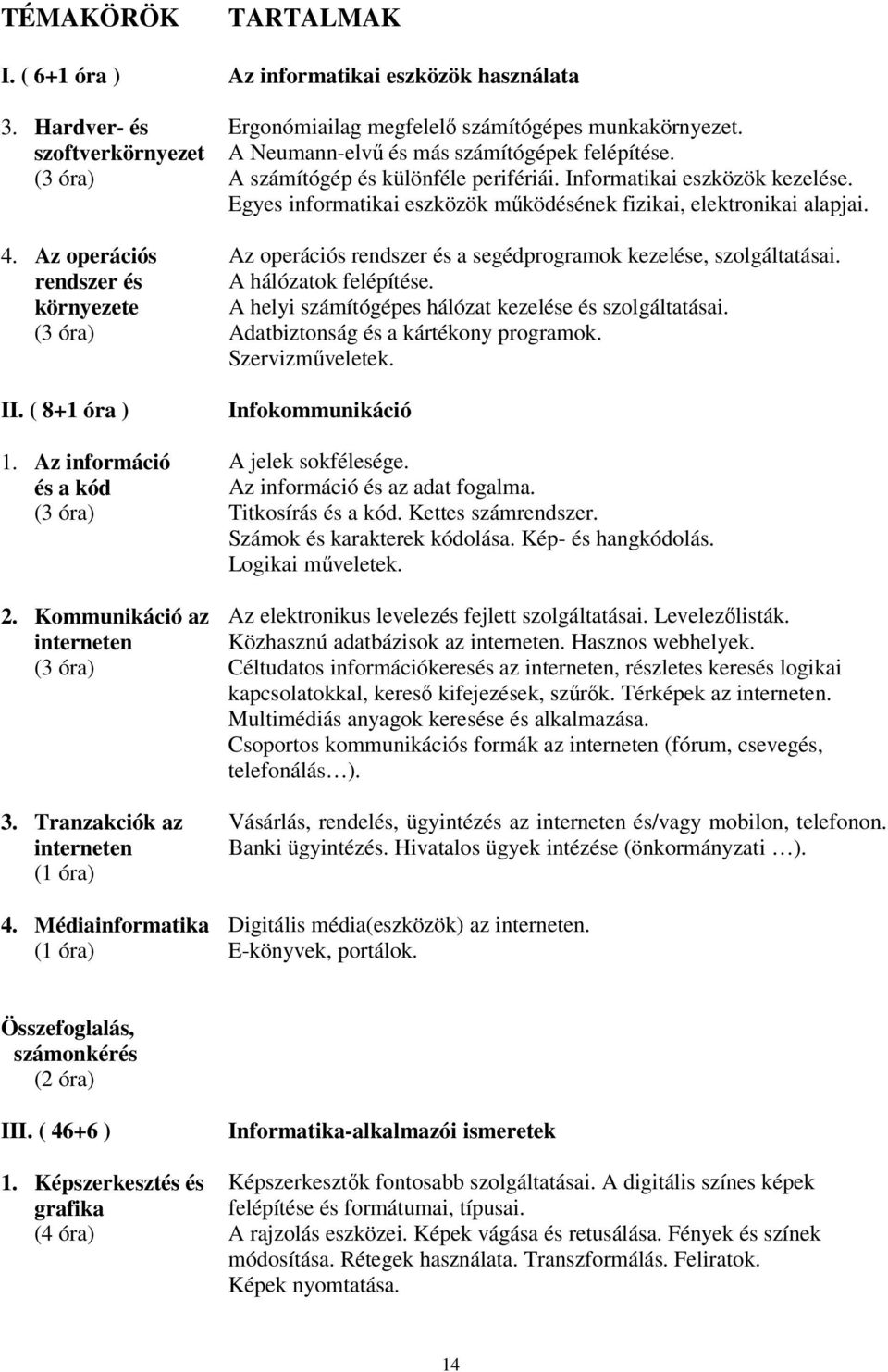 A Neumann-elvű és más számítógépek felépítése. A számítógép és különféle perifériái. Informatikai eszközök kezelése. Egyes informatikai eszközök működésének fizikai, elektronikai alapjai.