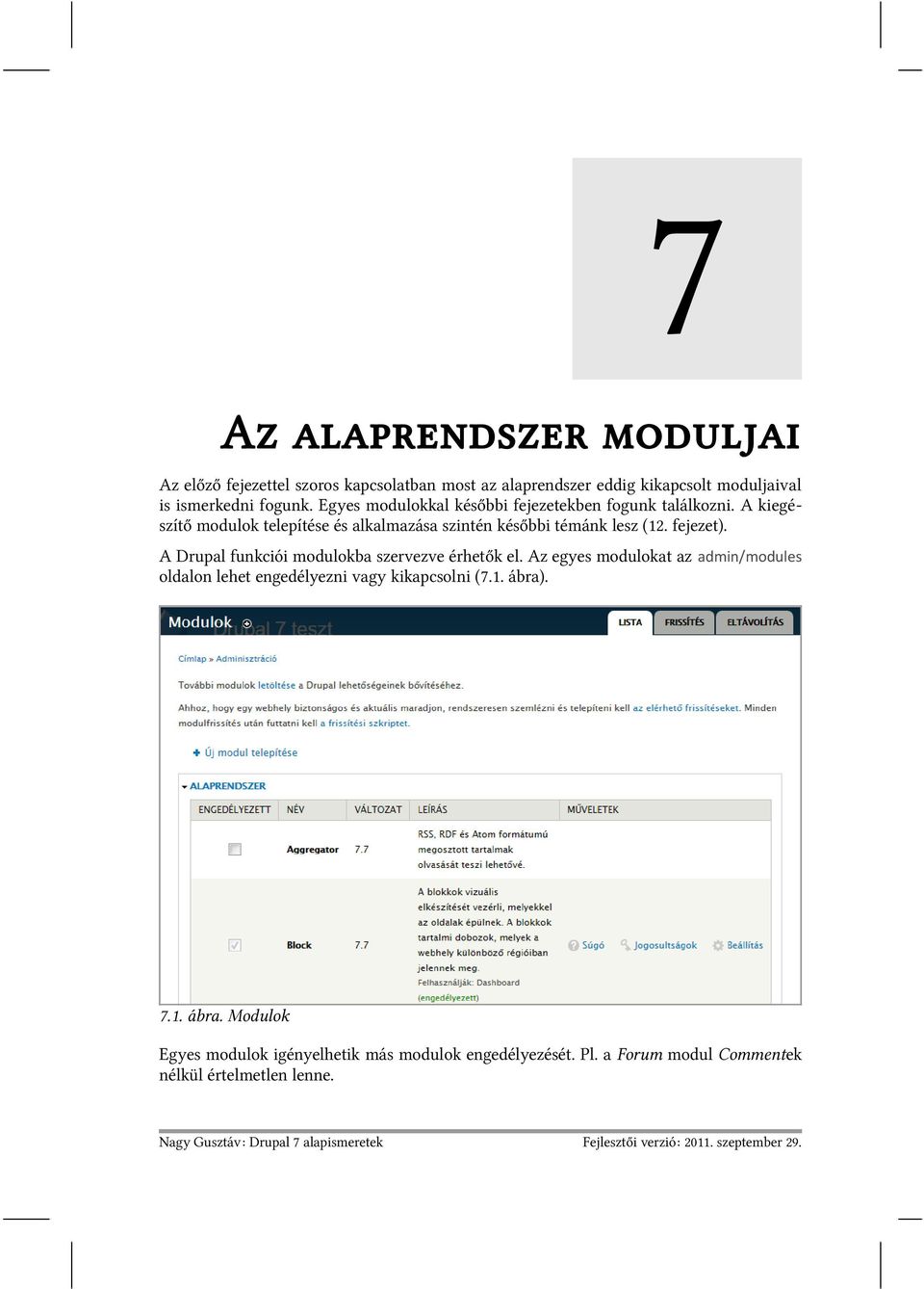 A Drupal funkciói modulokba szervezve érhetők el. Az egyes modulokat az admin/modules oldalon lehet engedélyezni vagy kikapcsolni (7.1. ábra)