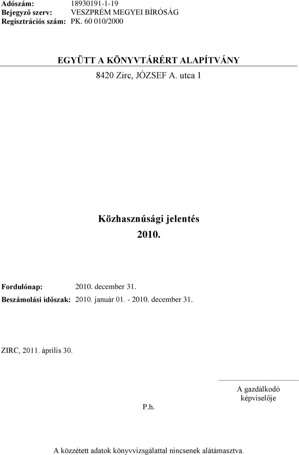 Fordulónap: 2010. december 31. Beszámolási időszak: 2010. január 01. - 2010. december 31. ZIRC, 2011.